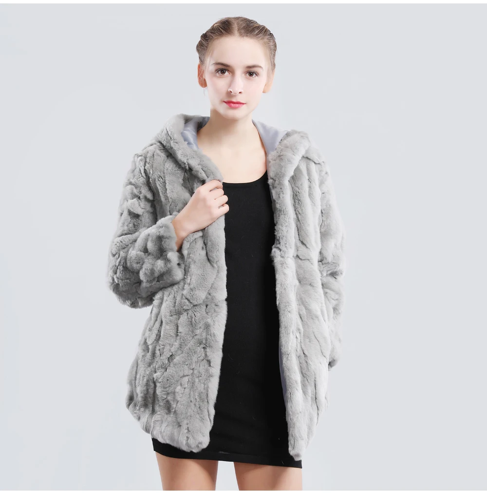 Длинная стильная зимняя куртка из натурального меха Рекс, меховой капюшон, женская модная шуба из кролика Рекс, натуральный мех кролика Рекс, пальто с капюшоном
