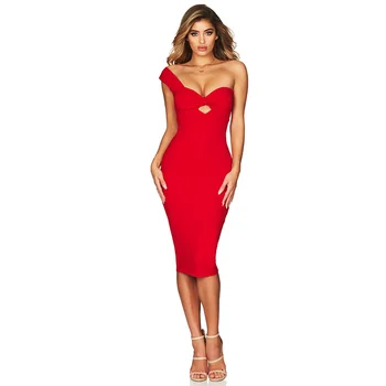 

Summer White Black Red One Shoulder Sexy Design Hollow Out Zipper Party Evening Bandage Dress 2019 New Arrival