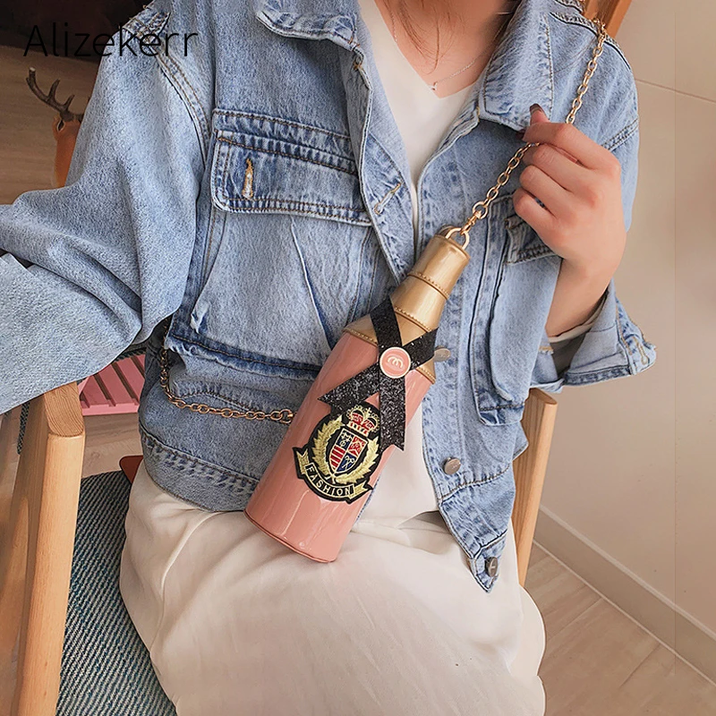 

Personality Shoulder Bag Women New Designer Cute Badge Beer Bottle Chain Small Cell Phone Bag For Girls Funny Crossbody Bags