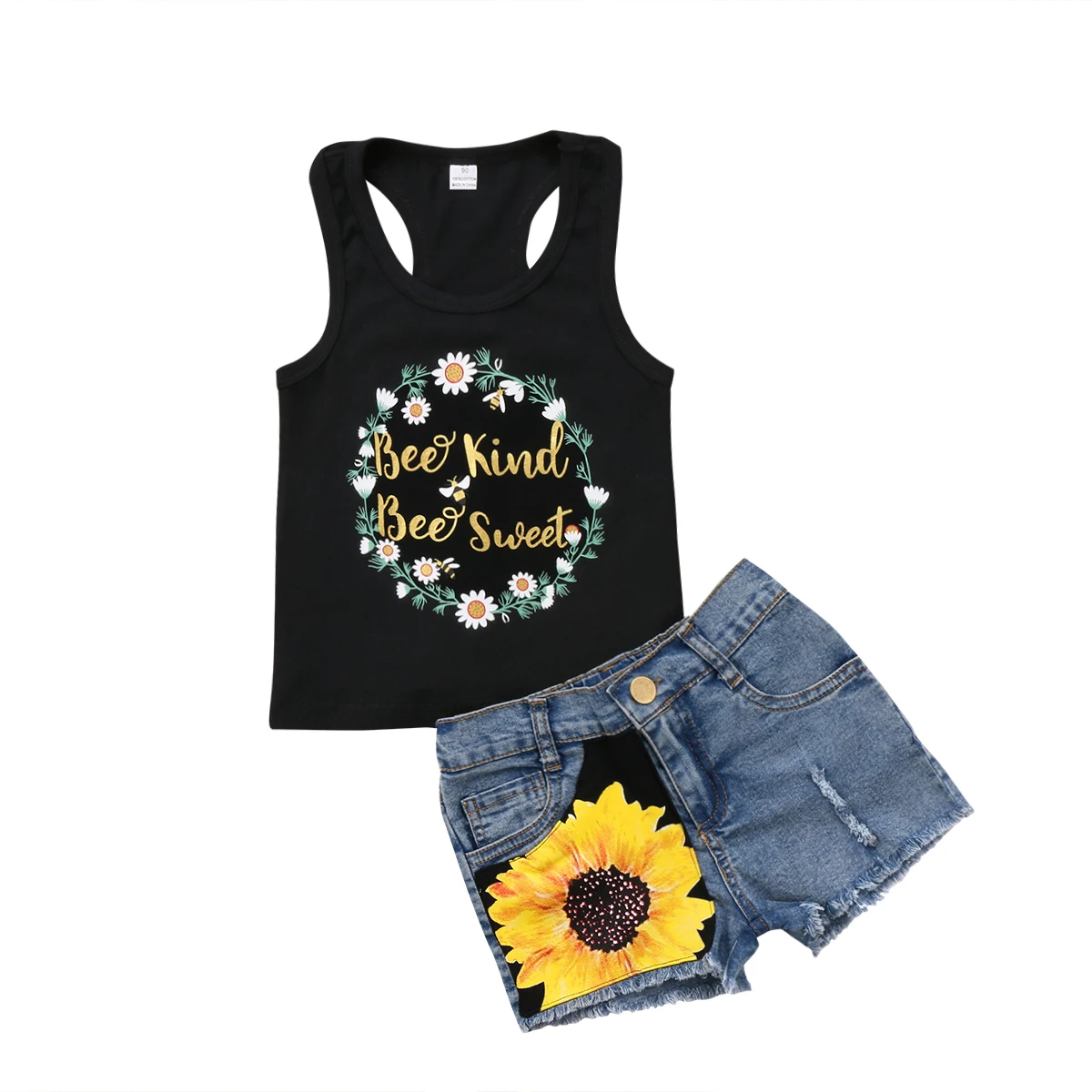 

2Pcs Cute Baby Girl Kids Toddler Outfits Clothes Sleeveless T-shirt Tops Sunflower Short Jeans Sunsuit Clothes Set