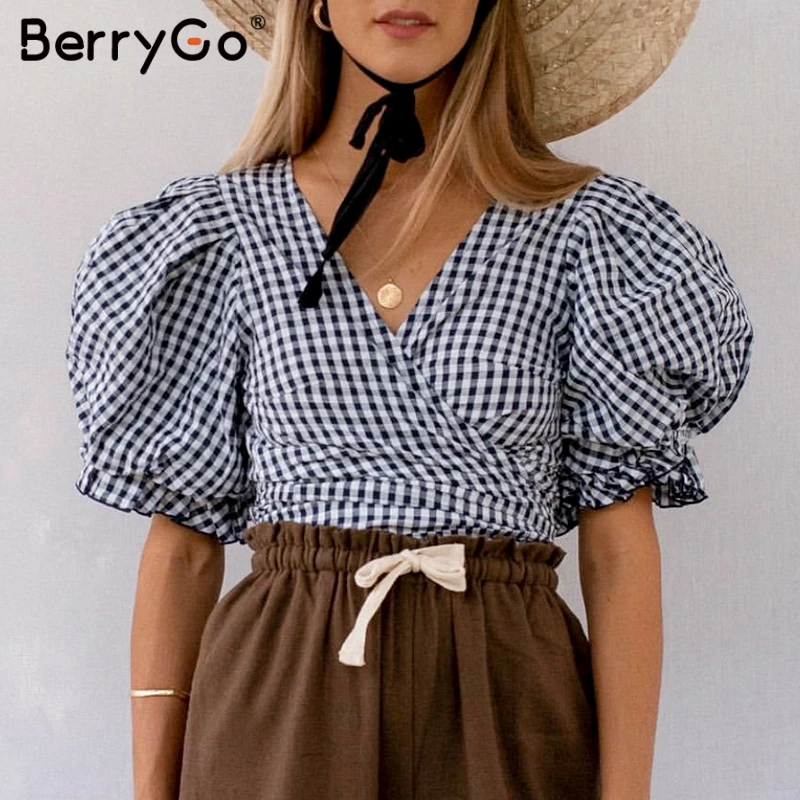 

BerryGo women blouse shirt Elegant plaid blouse Sexy v-neck short puff sleeve ladies top shirt summer streetwear ruffled blouse