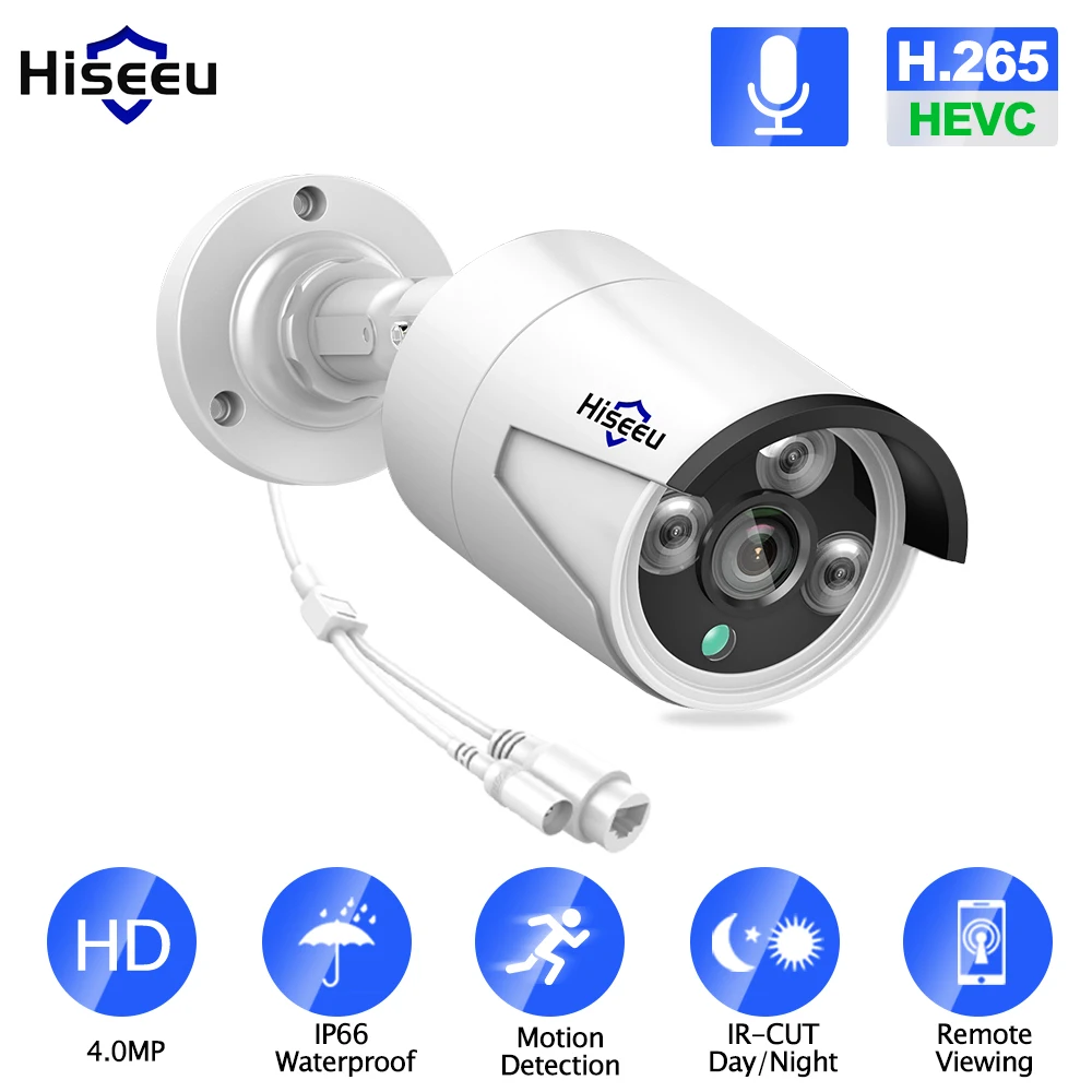 Hiseeu H.265 аудио IP камера безопасности POE 4MP ONVIF наружная IP66 Водонепроницаемая CCTV P2P