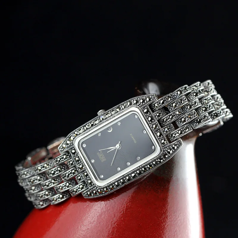 S925 pure silver jewelry Thailand delicateness craft Thai silver square lady Bracelet Watch