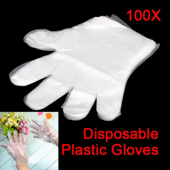 100 Disposable PE Gloves Mitten for Garden Home Restaurant BBQ Dishes Wash 66CY