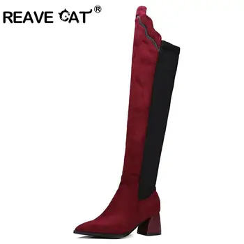 

REAVE CAT 2018 New Women's Flock Over The Knee Patchwork Boots Sexy Hoof Heels Jumps Women Shoes Lycra Mixed Color Sequined A265