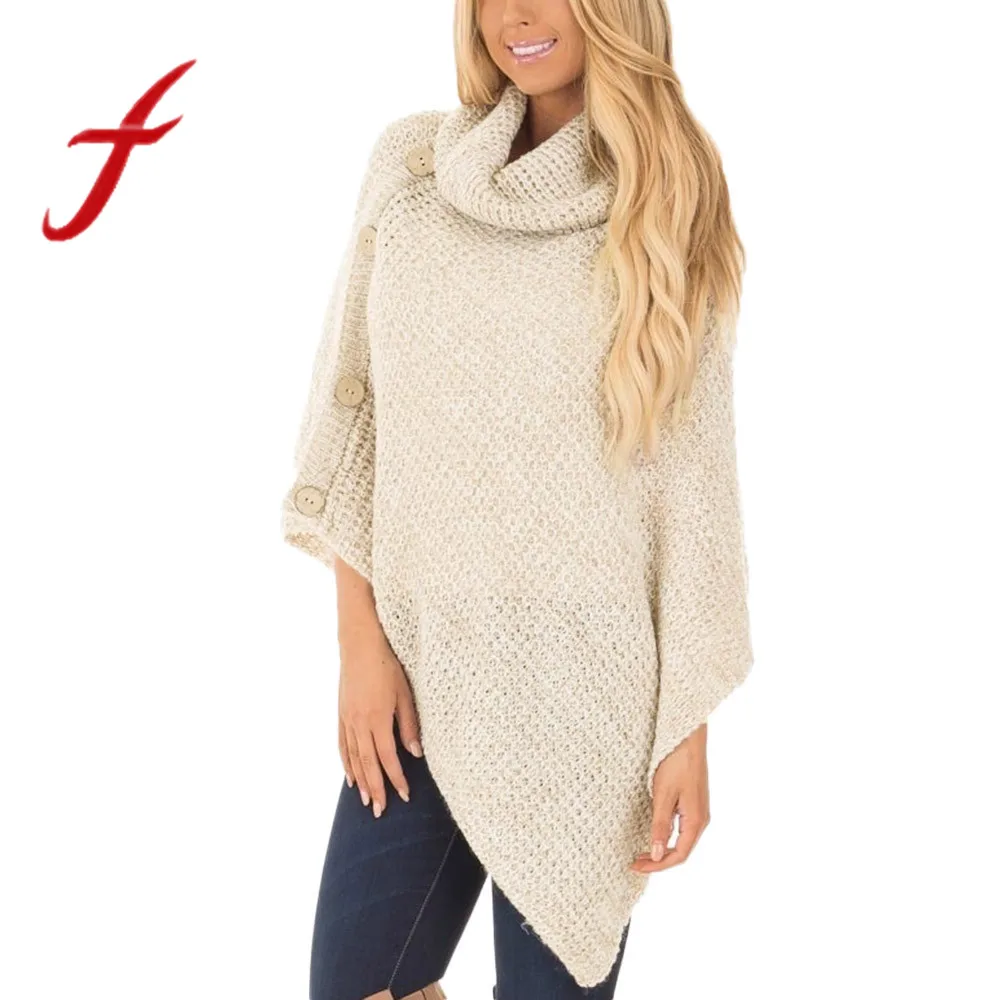 

Feitong Women's Knitted Sweater Autumn Winter Turtle Neck Poncho with Button Irregular Hem Pullover Top Sweaters pull femme 2019