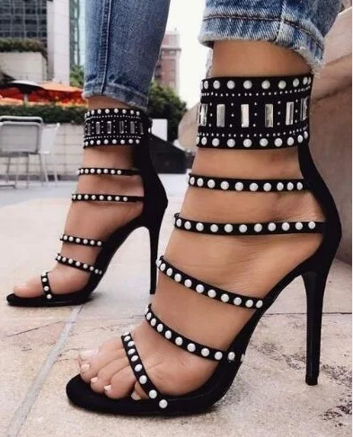 

Rivet Decor High Heel Sandals Bootie Polka Dot Studded Zip Bootie Open Toe Metal Decor Big Size Customized Summer Feminine Shoes