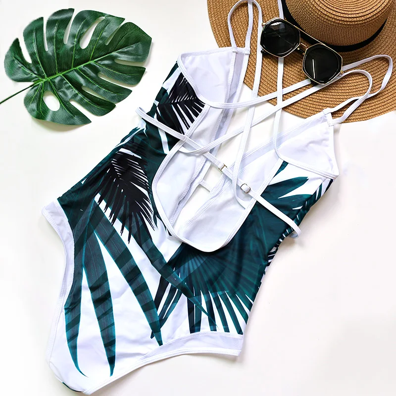 Sexy Deep Plunge Tropical Palm Leaf Trikini Bathing Suit Monokini Mesh ...