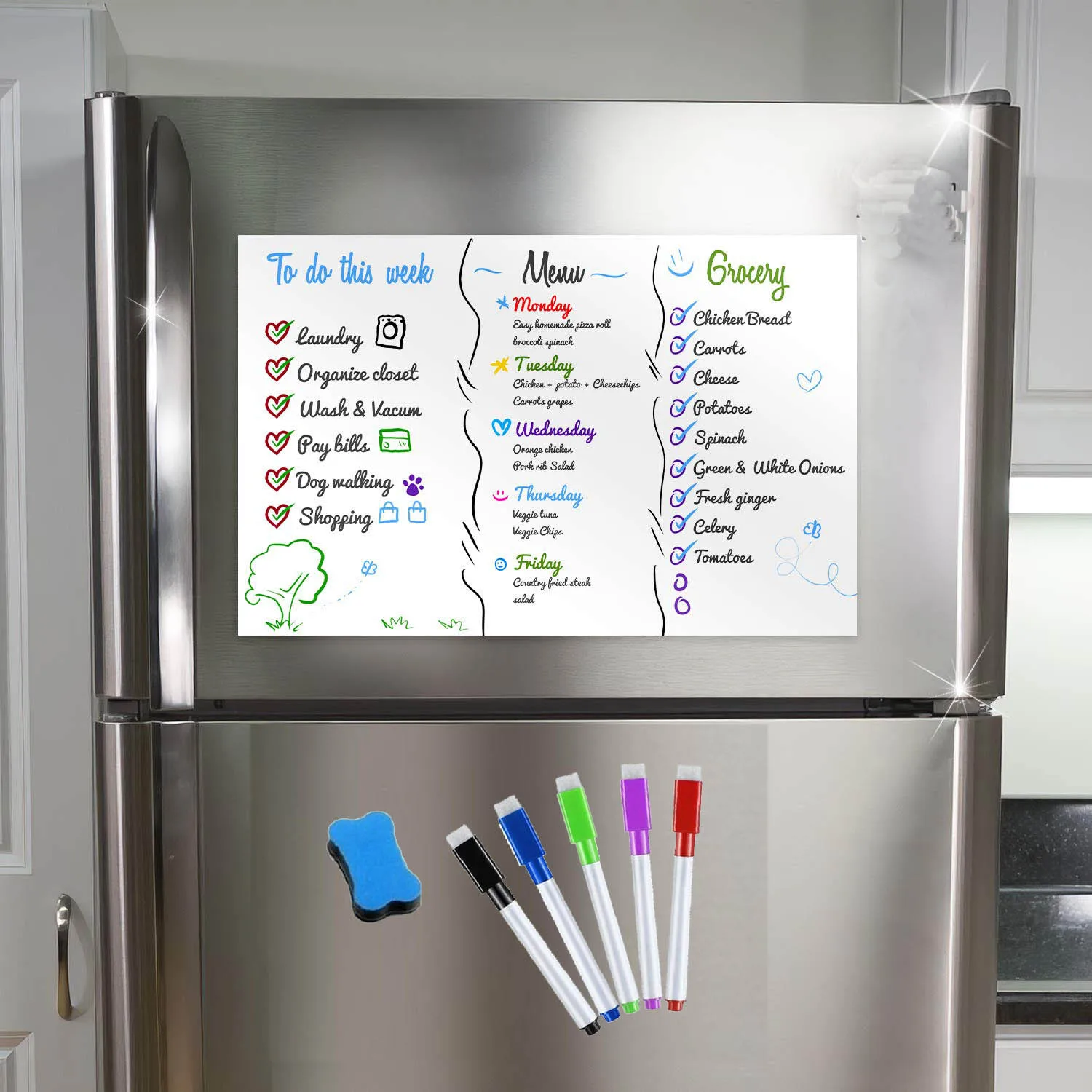 

A3 Magnetic Dry Erase Whiteboard 5 Markers 1 Eraser Fridge Magnet Sticker Organizer Planner Reminder Board Notepad Sheet List