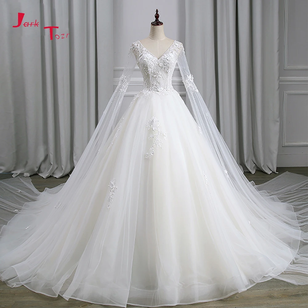 

Jark Tozr Sexy Backless Long Sleeve China Bridal Gowns Beading Sequin Appliques Flower Princess Wedding Dresses 2019 Mariage
