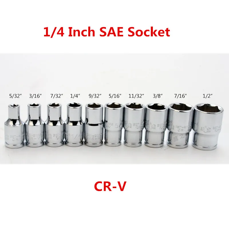 

10PC SAE 1/4 Drive Socket Set CRV 6 Point 5/32 3/16 7/32 1/4 9/32 5/16 11/32 3/8 7/16 1/2 25mm Length Hand Tool Set