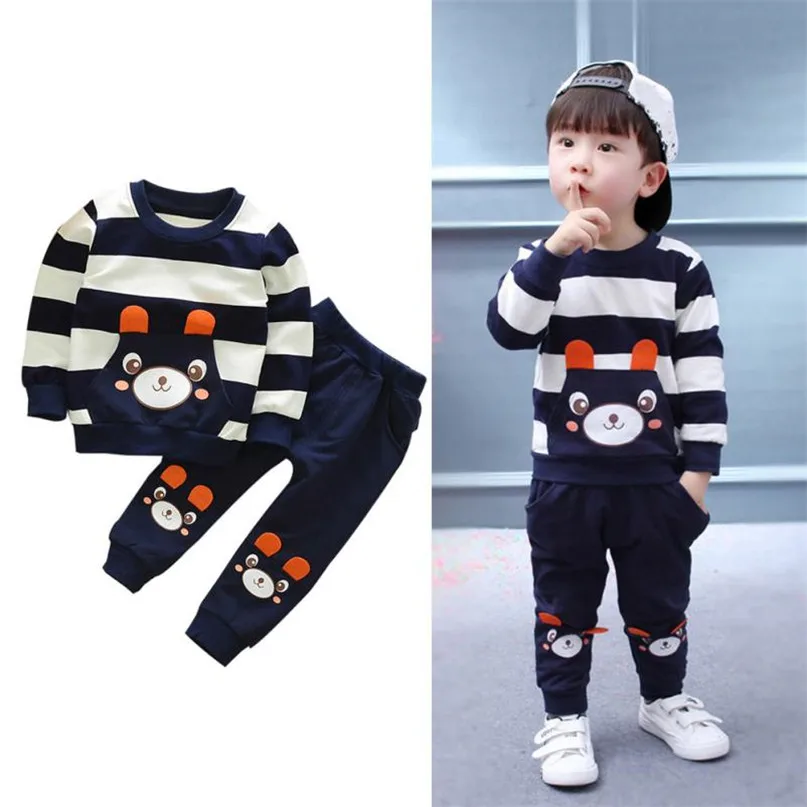 

Navy Color Fashion New 2017 Cute Clothes Set Autumn Winter Kids Baby Girl Boy Bear Tops+Pants Striped Dropshipping AG11