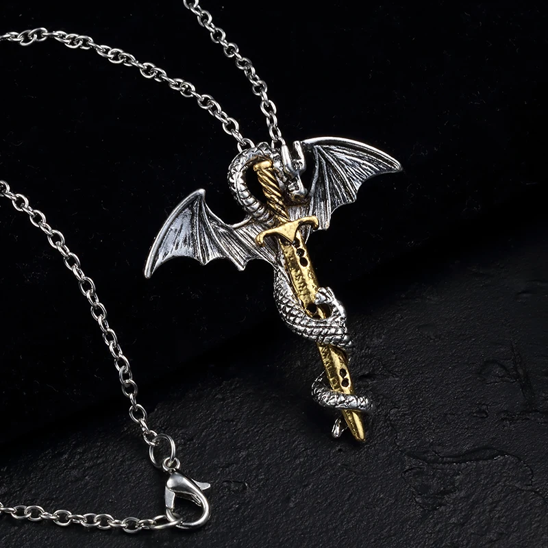 ZRM модное винтажное Очаровательное ожерелье «меч» летающий дракон с крыльями свернутый меч крест панк ожерелье ювелирные изделия для мужчин и женщин