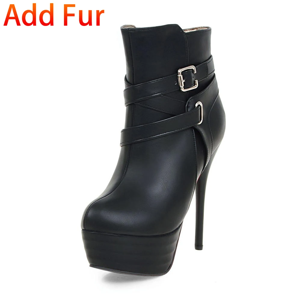 BONJOMARISA/модные однотонные туфли на высоком тонком каблуке на молнии туфли на платформе с ремешком и пряжкой для женщин, повседневные Зимние ботильоны Большие размеры 33-46 - Цвет: black add fur1