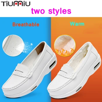 

2018 Doctor Nurse White Workwear Shoes Female Soft Soles Flat Wedges Shoes Winter Plush Medical Shoes Hospital Breathable Shoes