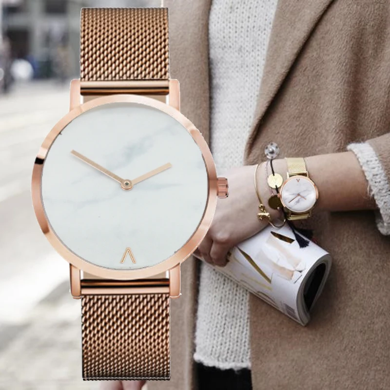 Fashion Luxury Brand Minimalist Style Marble Watch Stainless Steel leather Strap Simple Women Dress Watches Woman Quartz Clock