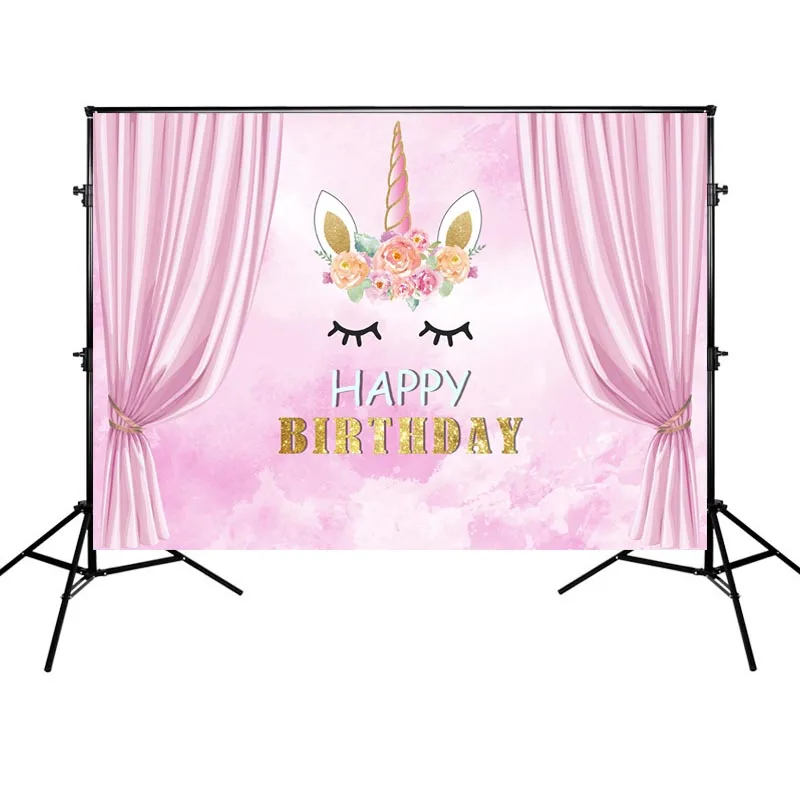 

Backdrop Photography Birthday Party Background Pink Theme Decoration Floral Unicorn Curtain Backdrops for Photocall