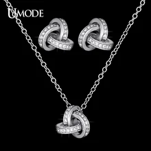UMODE Bijoux Femme Rhodium plated CZ Knot Stud Earrings & Pendant Necklaces For Women Fashion Jewelry Sets AUS0031