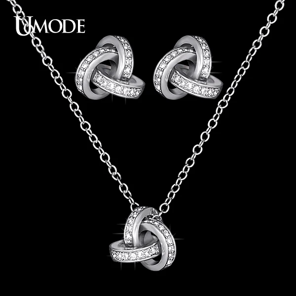 

UMODE Bijoux Femme White Gold Color CZ Knot Stud Earrings & Pendant Necklaces For Women Fashion Jewelry Sets AUS0031