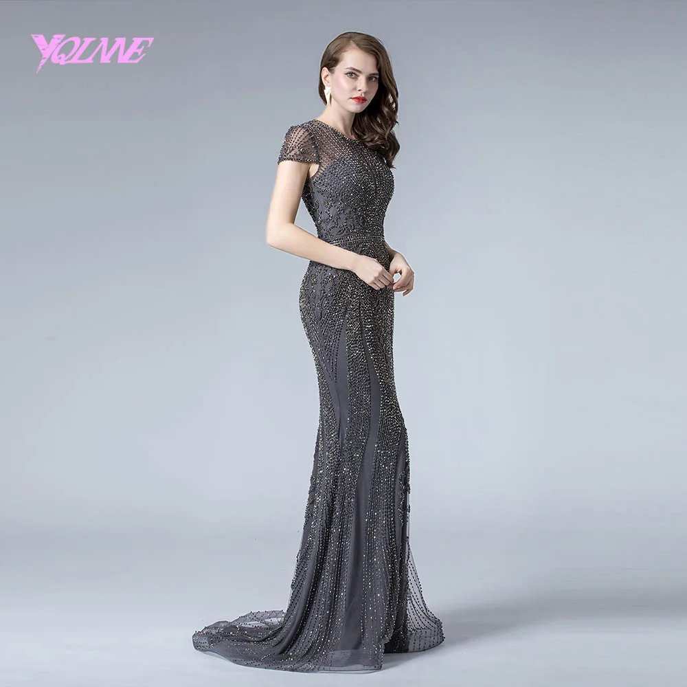 YQLNNE Gray Rhinestones Evening Dress Long 2019 Mermaid Pageant Dresses Formal Evening Gown Cap Sleeve YQLNNE Gray Rhinestones Evening Dress Long 2019 Mermaid Pageant Dresses Formal Evening Gown Cap Sleeve
