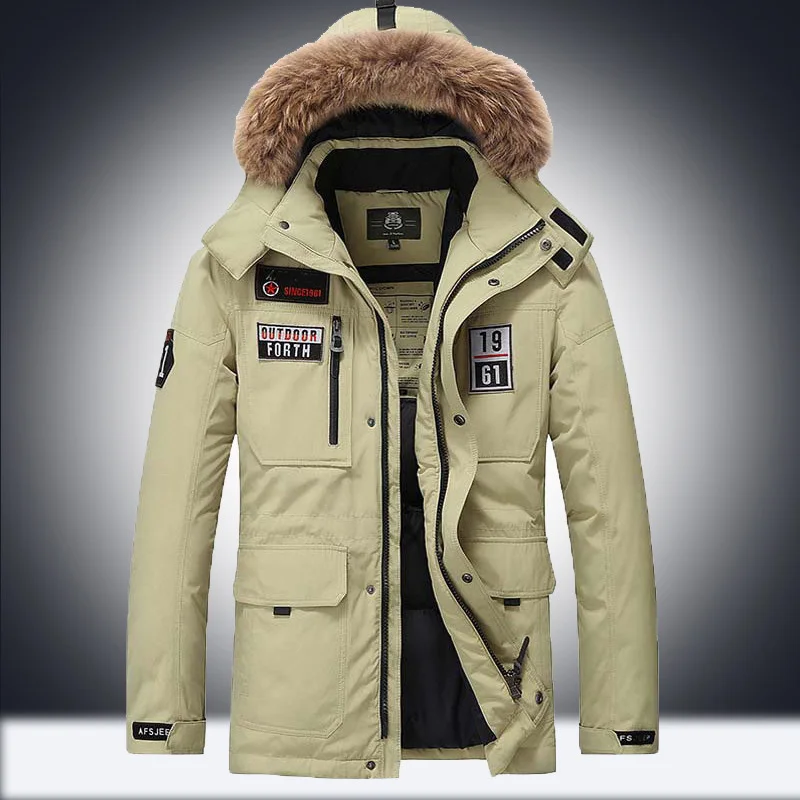 Брендовая зимняя мужская куртка с толстым теплым меховым воротником, ветровка, мужские парки, высокое качество, мульти-карман, верхняя одежда, мужские пальто, размер M-3XL - Цвет: Khaki