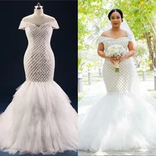 100% Real Photo Africa Luxury Off the Shoulder 2017 Mermaid Wedding Dresses with Crystal Tulle Bridal Gown Vestido de Festa RW1