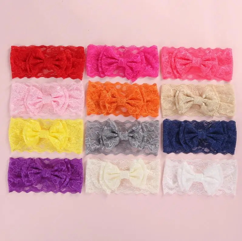 

5" Dould Layer Lace Bow Headband Elastic Lace Bows Headband For Girl Kids Headband 22 Colors U Pick 36Pcs/lot