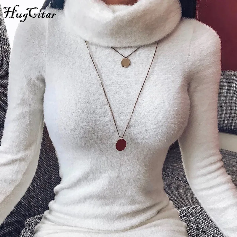 Online Hugcitar pelz samt high neck langarm weiß bodycon mini kleid 2019 herbst frauen party streetwear warme colthing