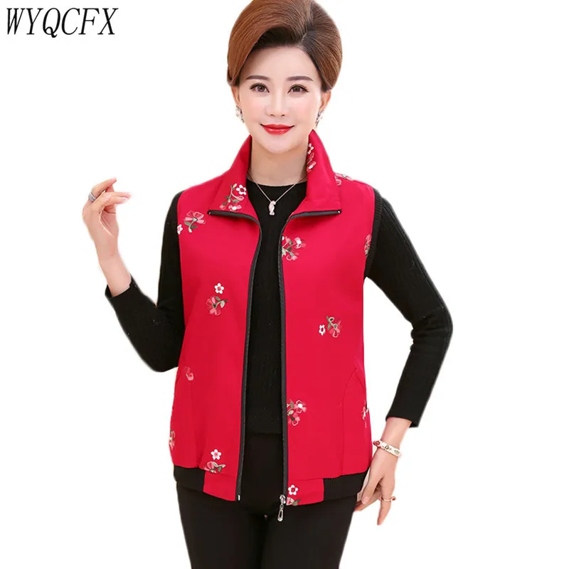 

Spring Autumn Vest Women Embroidered Sleeveless Jacket Coat Middle-aged 2019 Casual Plus Size 5XL Turn-Down Collar Waistcoat 328