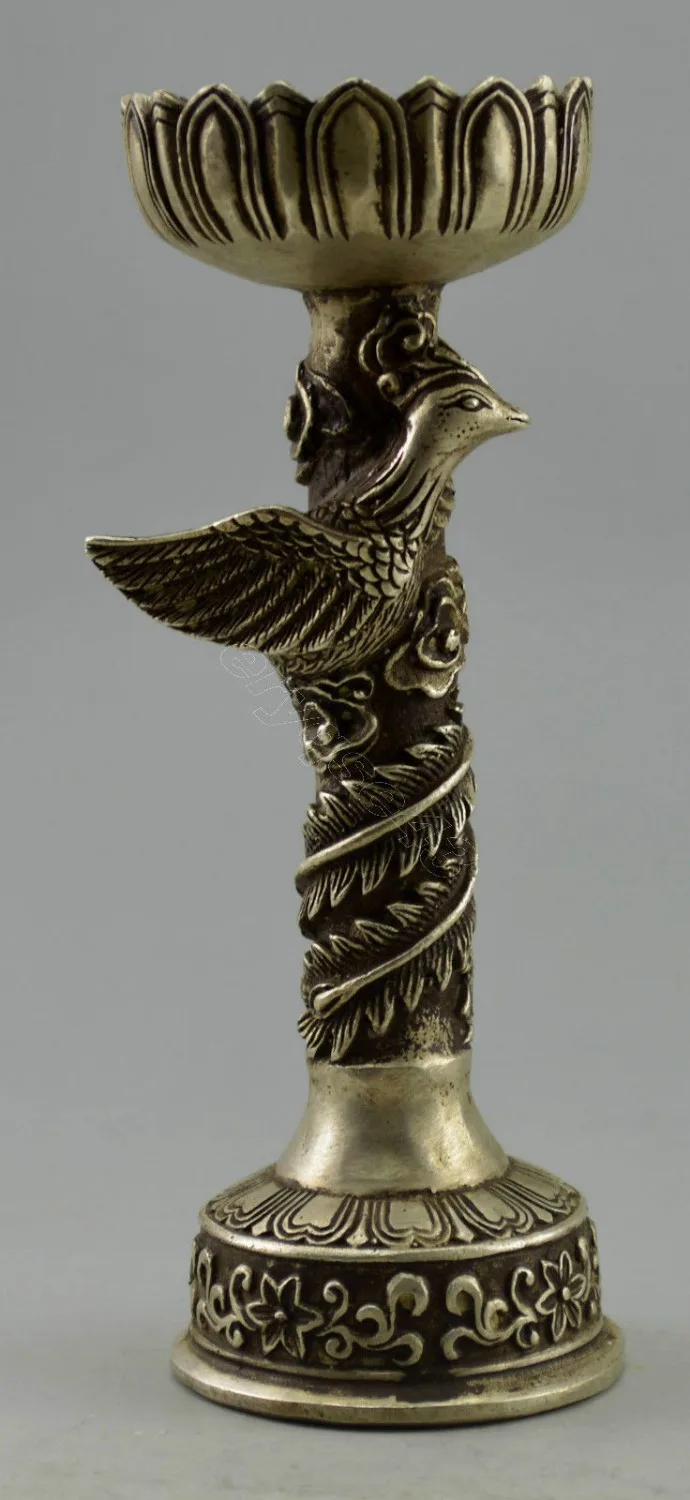 

Crafts statue Collectible Decorated Old Handwork Tibet Silver Carved Phoenix Candle Stick