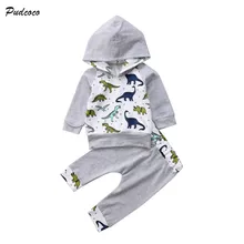 Милые топы с динозавром для новорожденных мальчиков и девочек, толстовки с капюшоном и штаны, брюки комплект из 2 предметов осенний комплект одежды