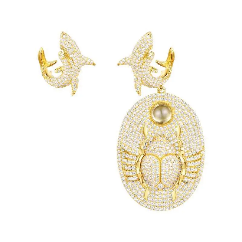 

[MeiBaPJ]Real 925 Sterling Silver Personality Beetle & Shark Asymmetric Earrings for Women with AAA High Quality Stone Jewelry