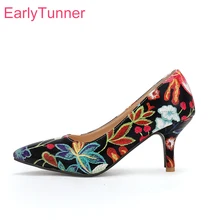 Brand New Sweet Black Green Floral Woman Casual Pumps 7 10 Cm Stiletto Heels Lady Designer Shoes ED6S Plus Big Size 11 33 43 45