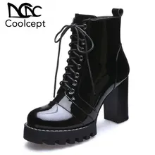 Coolcept Women High Heel Boots Ankle Genuine Leather Shoes Women Lace Up Round Toe Botas Fashion Platform Woman Size 35-41 jady rose embroidered women high heel ankle boots female autumn rivets platform botas mujer genuine leather lace up shoes woman