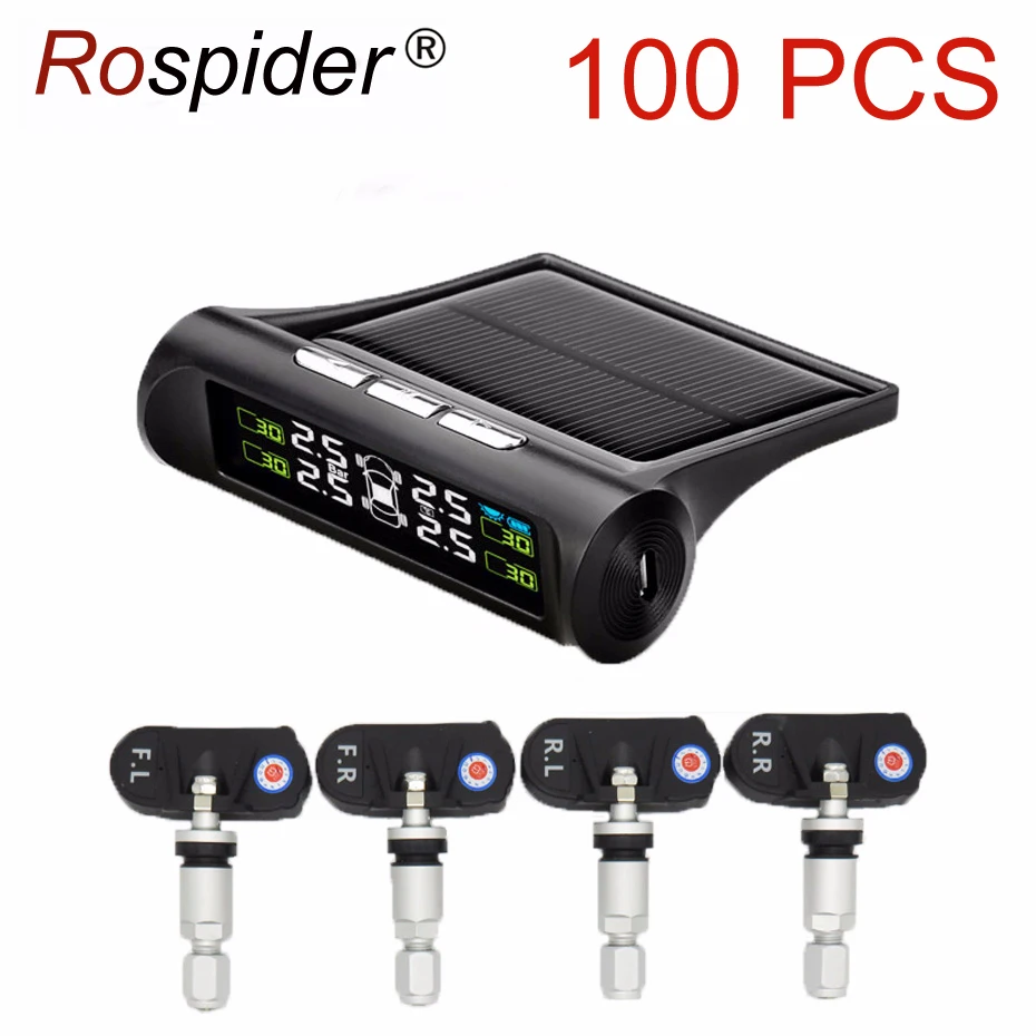 

100 Pcs Per Lot Solar Power TPMS Car Tire Pressure Alarm Monitor System 4 Internal Sensor Temperature Alarm Rospider T06N