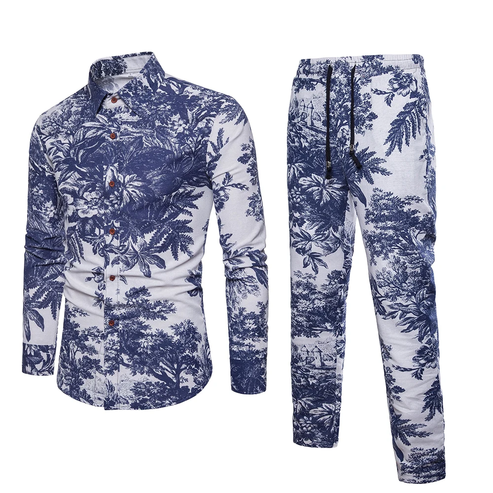 

Fashion Chinese Style Painting Set Leaves Print Beach Shirt New Arrival Party Long Pant Casual Vacation Mens Suits Cool Sets