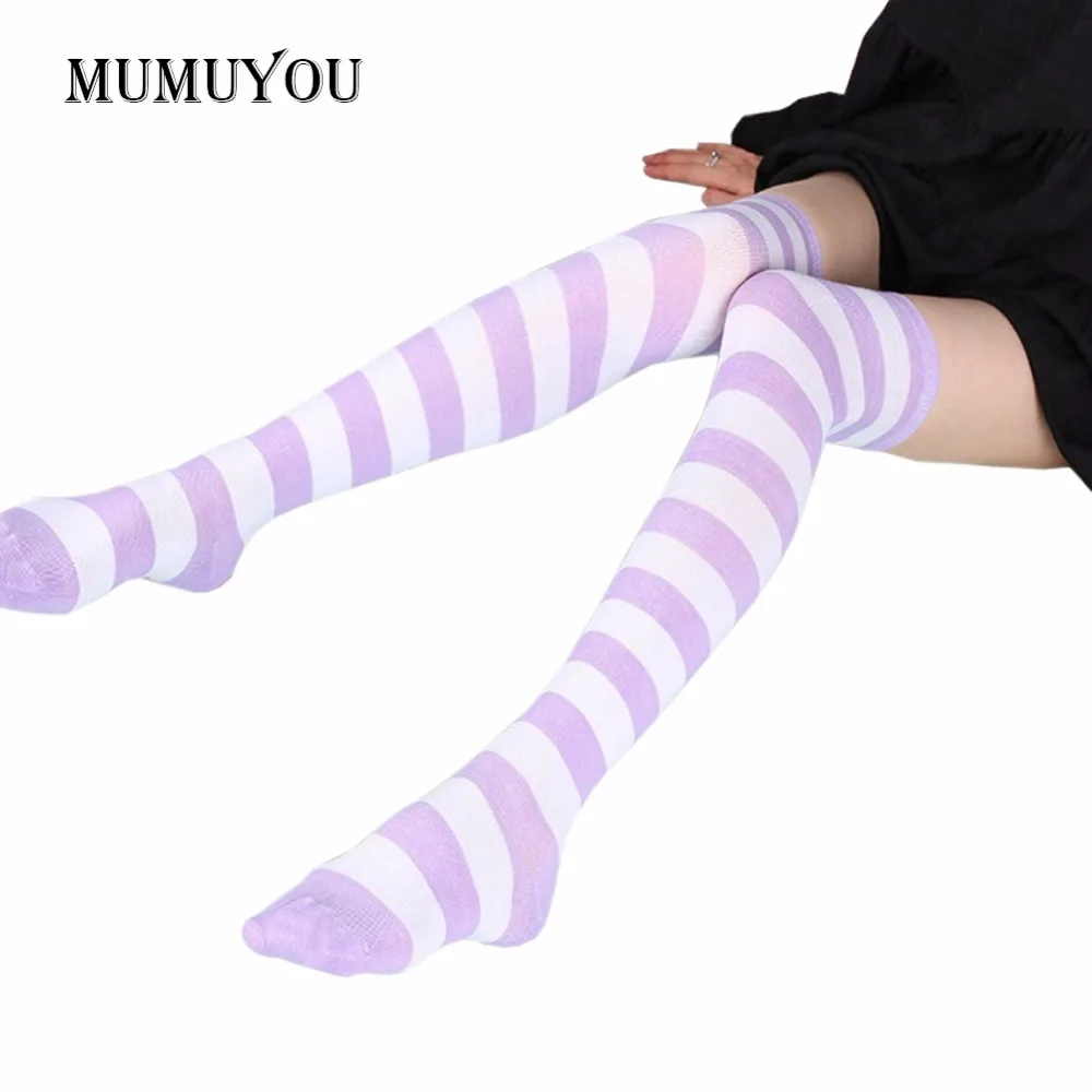 Buy 1 Pair Cotton Thigh High Socks Women Girls Striped