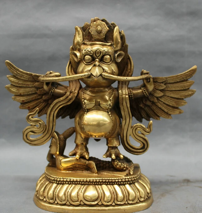 

S4416 8" Tibet Buddhist Brass Fly Redpoll Winged Garuda Buddha Snake Statue Sculpture D0317