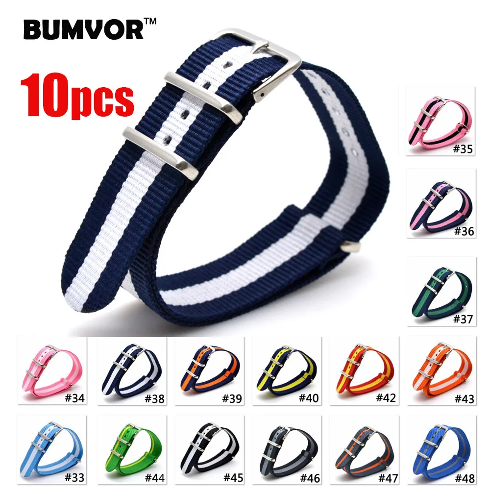 

BUMVOR new 10pcs For Nato Nylon Watch Strap Watchbands Belt Gold Silver Metal Buckle Sport Watchband Mens 16/18/20/22/24mm