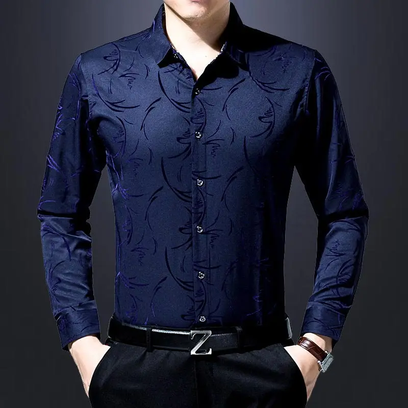 Мужские модные фирменные повседневные Бизнес Slim Fit Мужчины рубашка Camisa Длинные рукава Цветочный социальные рубашки платье Джерси 8637 - Цвет: Navy