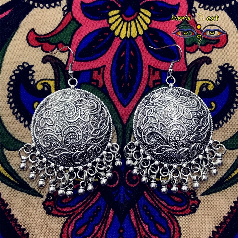 

Stage style round old Earrings Handmade Silvery Plating Tribal Jewelry BOHO Hippie Wind Pakistani Muslim Thailand Turkey Gypsy