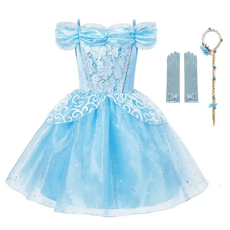 MUABABY/летнее платье принцессы для девочек; Детский Костюм Золушки с открытыми плечами и цветочным рисунком; нарядная одежда с блестками для дня рождения - Цвет: Cinderella Set 01