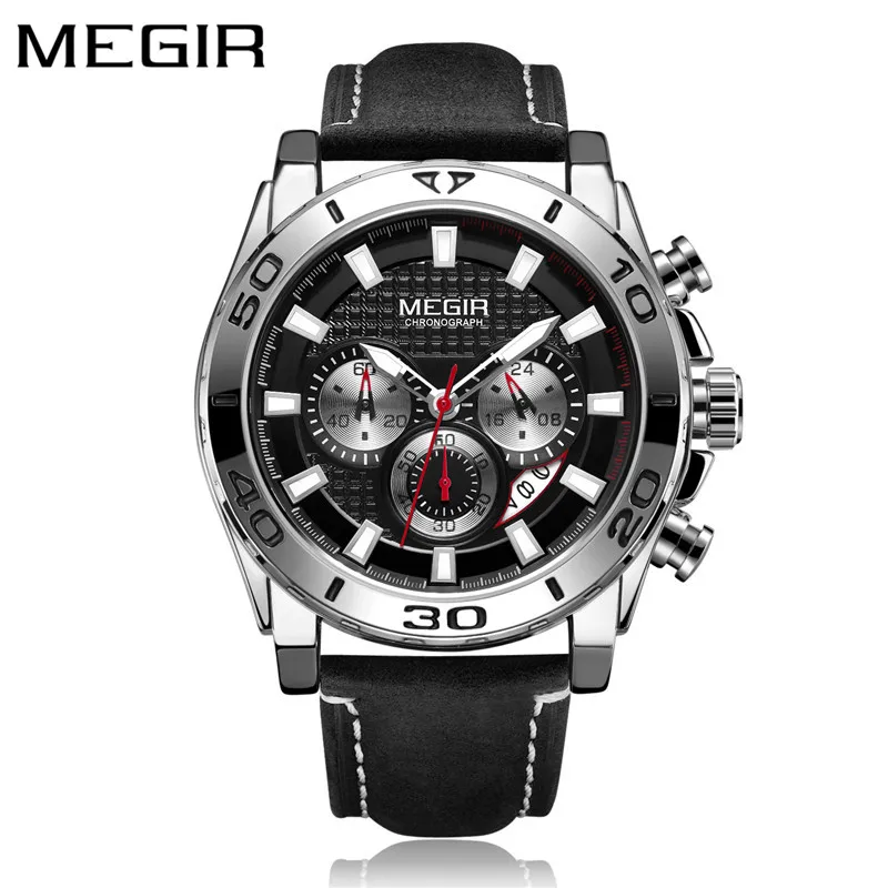 Мужские часы MEGIR с хронографом, топ класса люкс, брендовые кварцевые мужские часы с кожаным ремешком, военные армейские спортивные часы с датой, Подарочная коробка 2094 - Цвет: ME209403