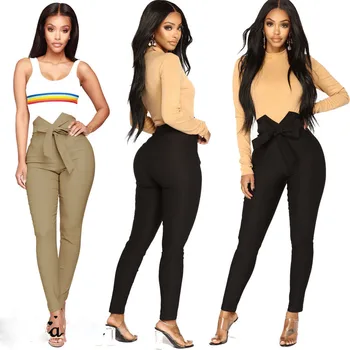 

2018 Women's High Waist Bandage Casual Solid Color Drawstring Elastic Long Pants Ladies Pencil Trousers