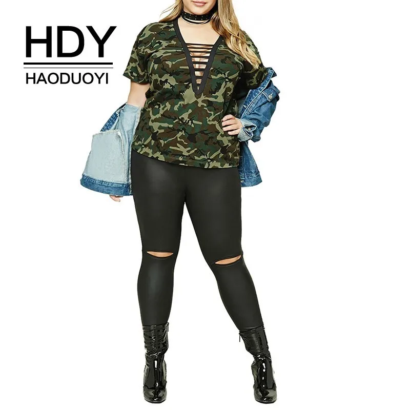 

HDY Haoduoyi 2018 Plus Size Women Hollow Out Tops Patchwork Loose Casual Camouflage Female Large Size Lady Clothing T-shirts