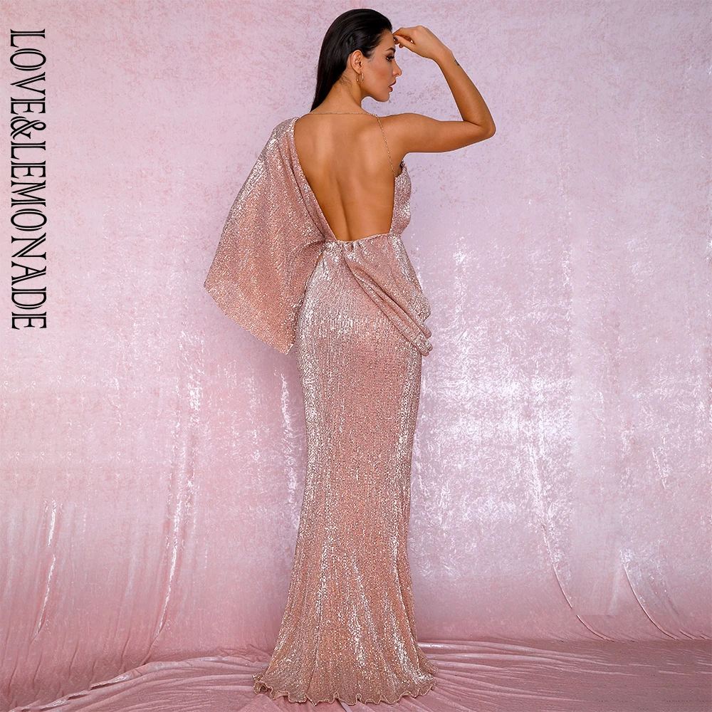 Most Popular J2Eco LOVE&LEMONADE Sexy Rose Gold V Neck Single Sleeve Sequins Split Party Maxi Dress LM81848 Autumn/Winter