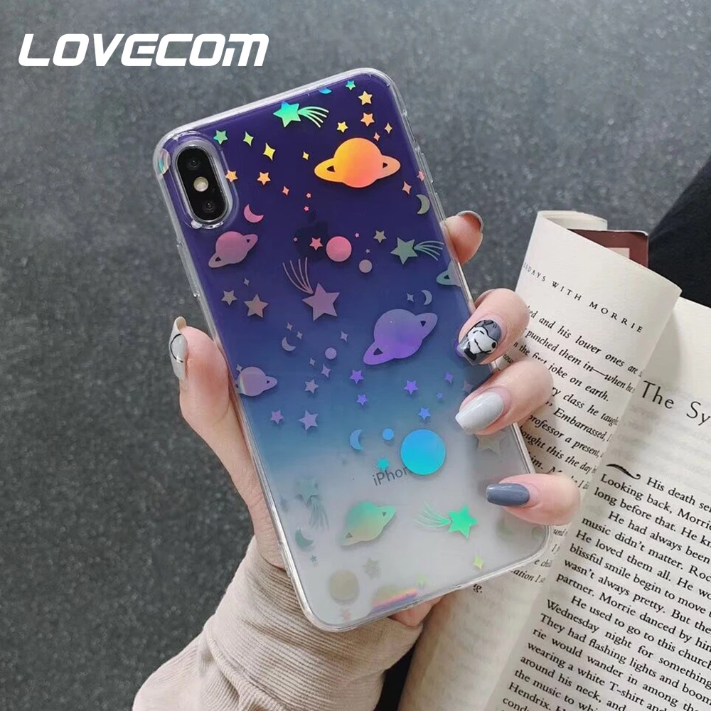 

LOVECOM Laser Gradient Color Planet Cases For iPhone X XS Max XR 6 6S 7 8 Plus Full Body Soft IMD Phone Back Cover Coque Gift