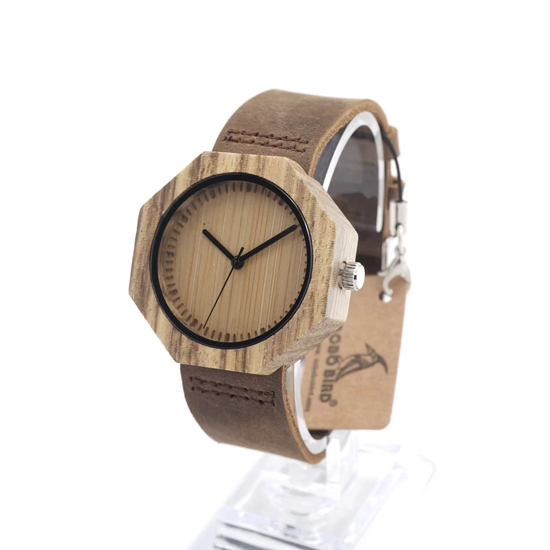 BOBO BIRD Zebra Wooden Quartz Men's Watch Octagon Design Soft Leather Strap Men Women Luxury Bamboo Dial for Unisex