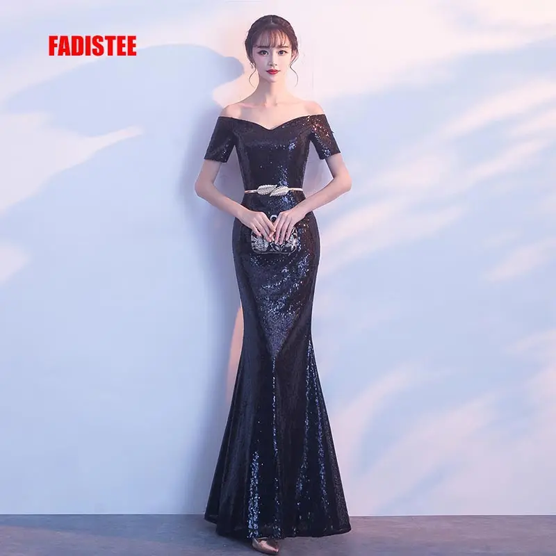 FADISTEE Новое поступление классическое вечернее платье Vestido de Festa роскошное черное платье с блестками и короткими рукавами, длинное кружевное платье