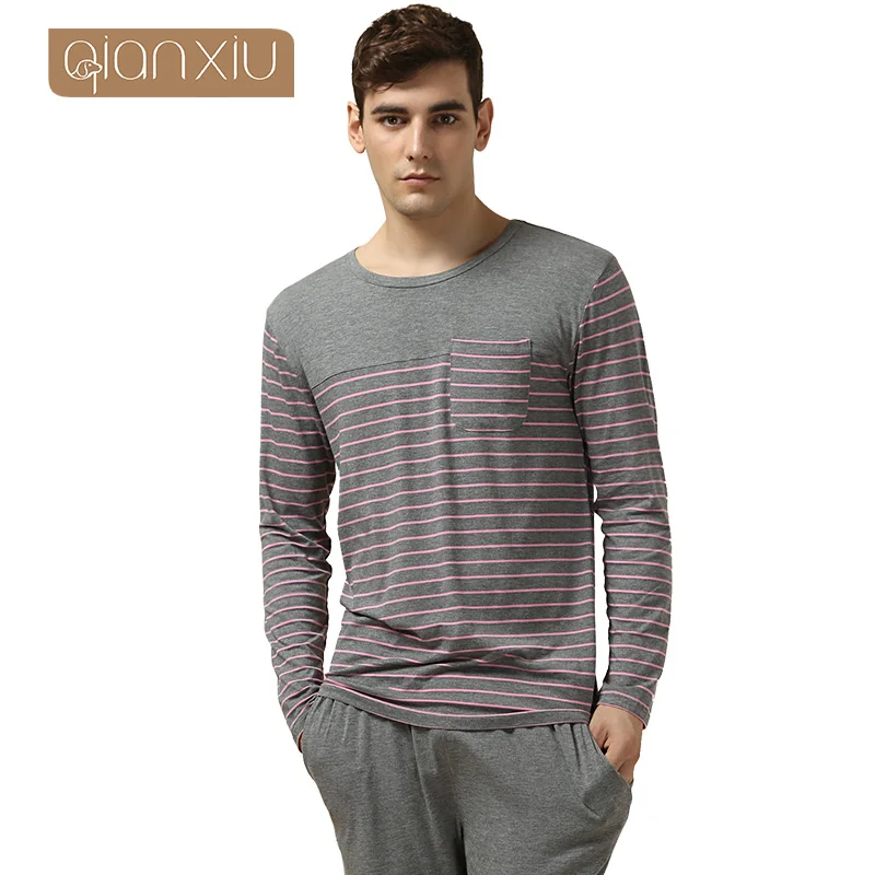 Qianxiu Pajamas Modal Cotton Women and Men Sleepwear Classic Stripe Lounge Wear Long sleeve Lovers Pajamas